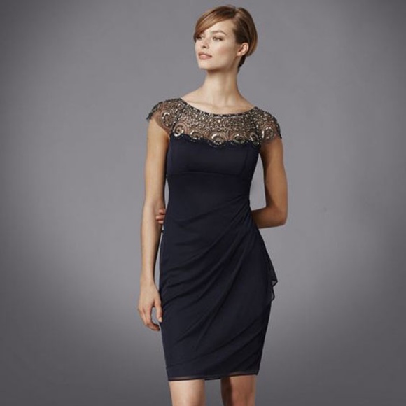 xscape cap sleeve embroidered gown